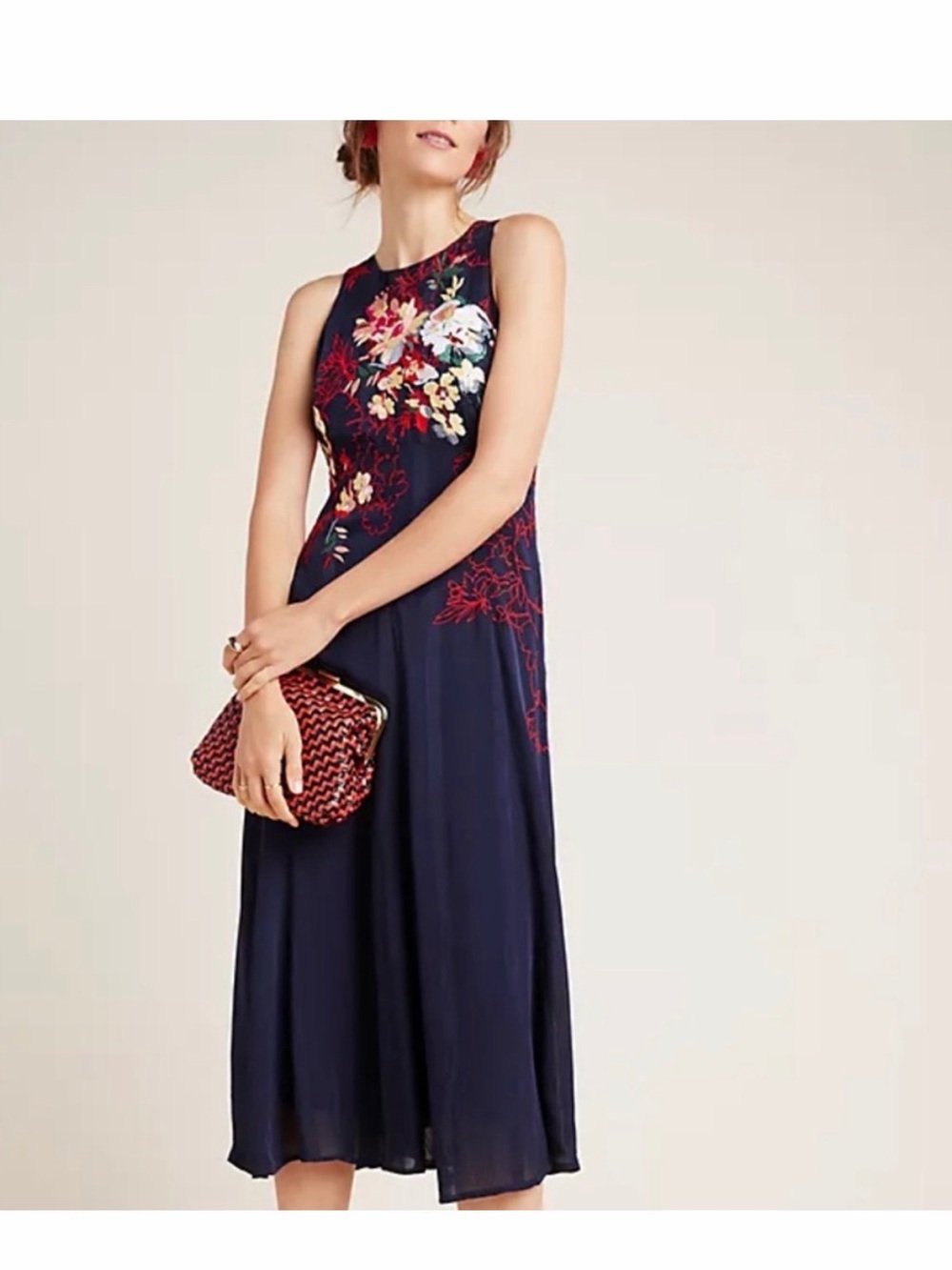 Anthropologie Navy Midi Dress with Multicolor Floral Embroidery